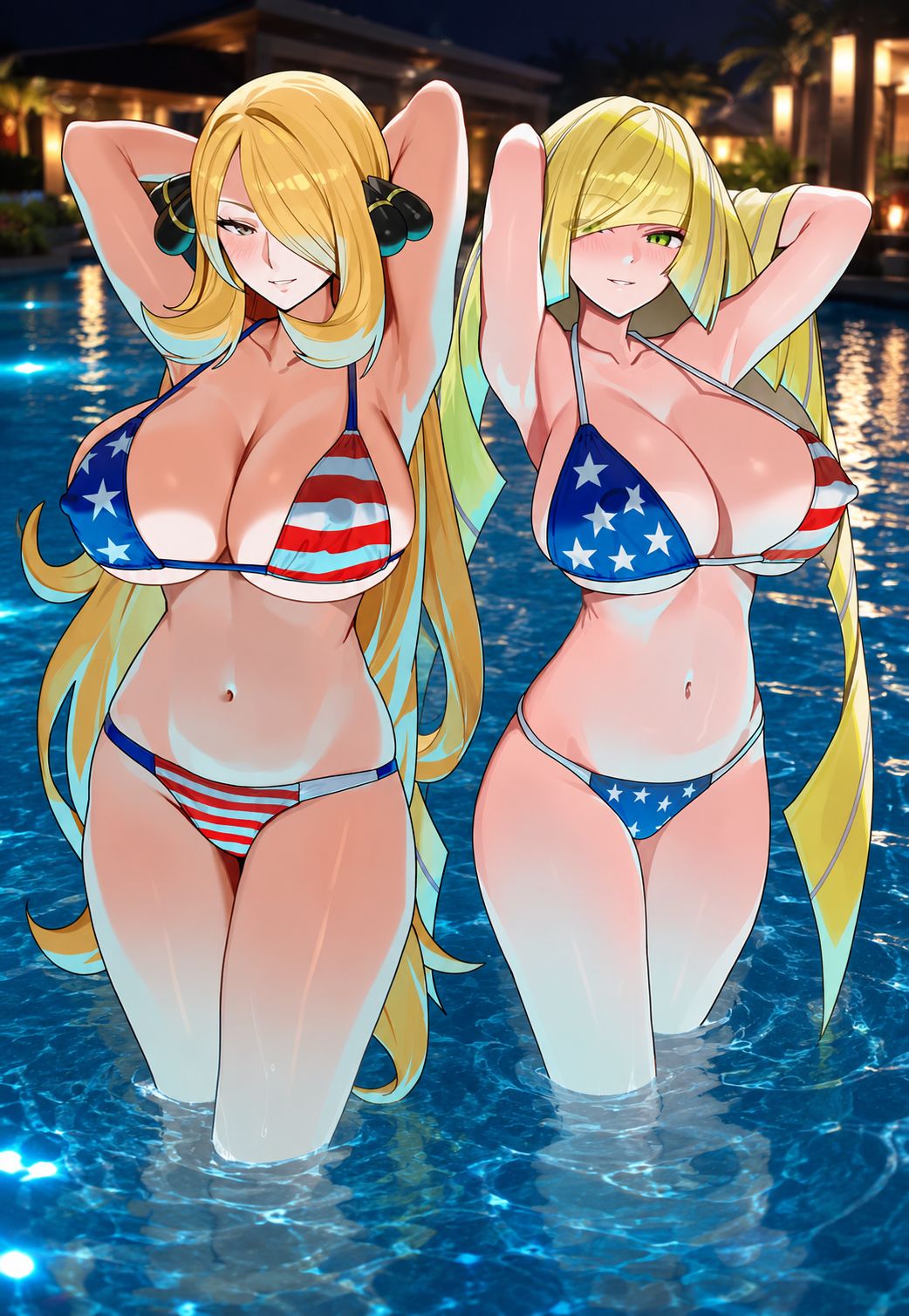 2girls, ai generated, american flag bikini, arms behind head, big breasts, bikini, blonde hair, circle ueponzu, cynthia (pokemon), huge breasts, looking at viewer, lusamine (pokemon), pokemon, tagme, take your pick