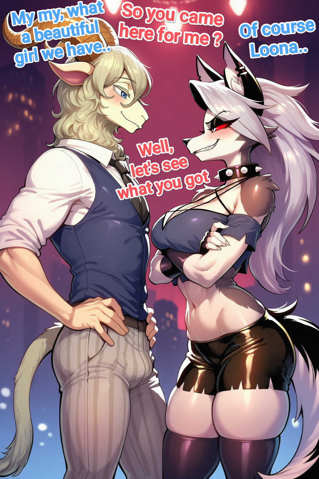 ai_generated beastars big_boobs big_breasts boobs breasts cocky69 comic_page crop_top english_text female gloves helluva_boss hi_res loona_(helluva_boss) male male/female pants pina_(beastars) sexy sexy_body sexy_female sheep sheep_ears sheep_horns sheep_humanoid shirt shorts text tights wolf wolf_ears wolf_girl wolf_humanoid wolf_tail