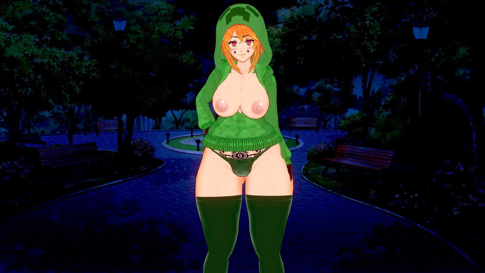 1girls, 3d, adult, breasts, clothed female, commission, creeper, creeper girl, cupa, female, heart-shaped pupils, hoodie, koikatsu, kyo (artist), large breasts, light skin, light-skinned female, looking at another, looking at partner, looking at viewer, minecraft, mmd, mob talker, orange hair, outside, pale skin, pale-skinned female, queen of spades, red eyes, red hair, smiling, smiling at viewer, solo, spade, tagme, tattoo, tits