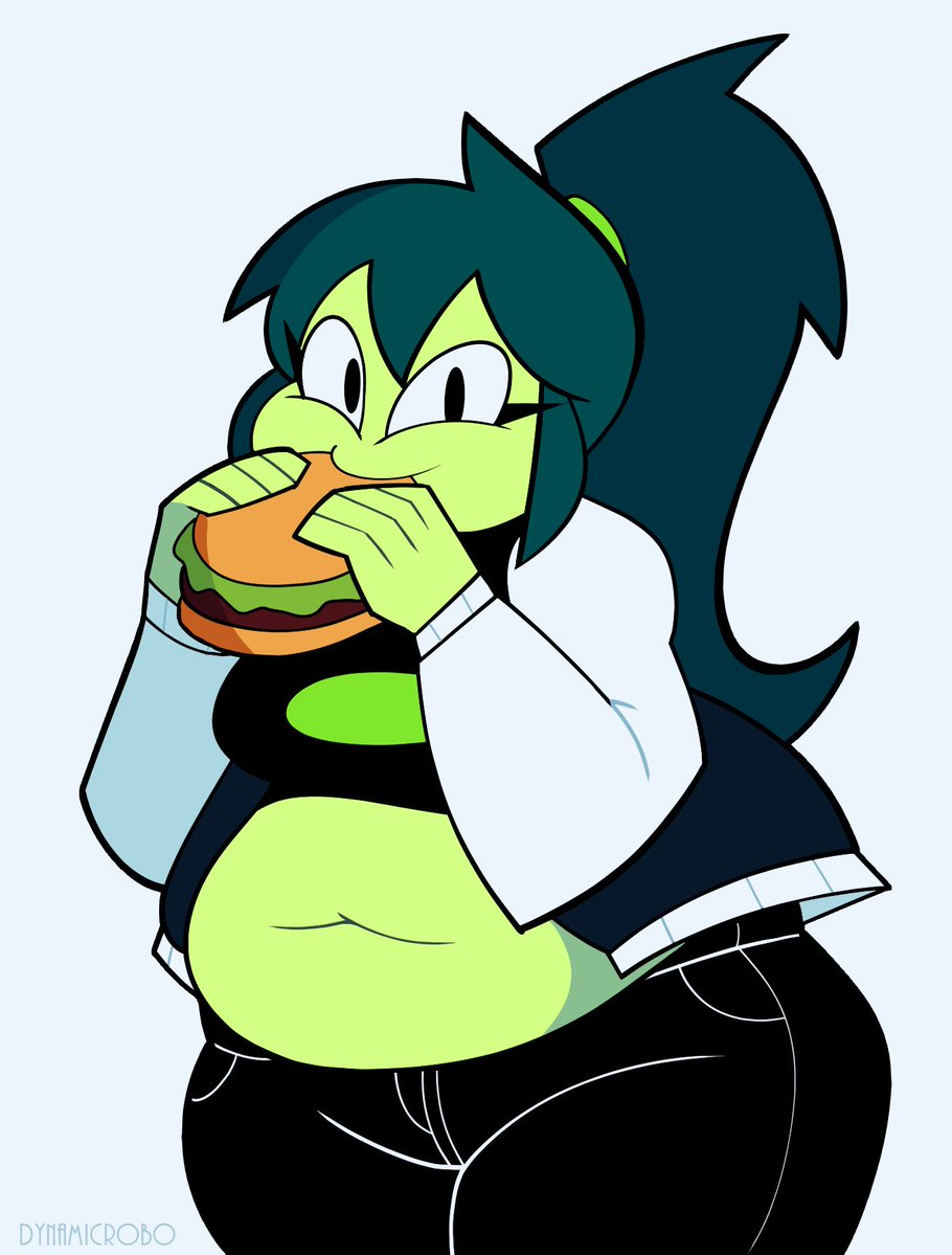 bbw belly belly_button big_belly big_thighs burger chubby chubby_belly chubby_female croptop dynamicrobo green_girl midriff plus_size