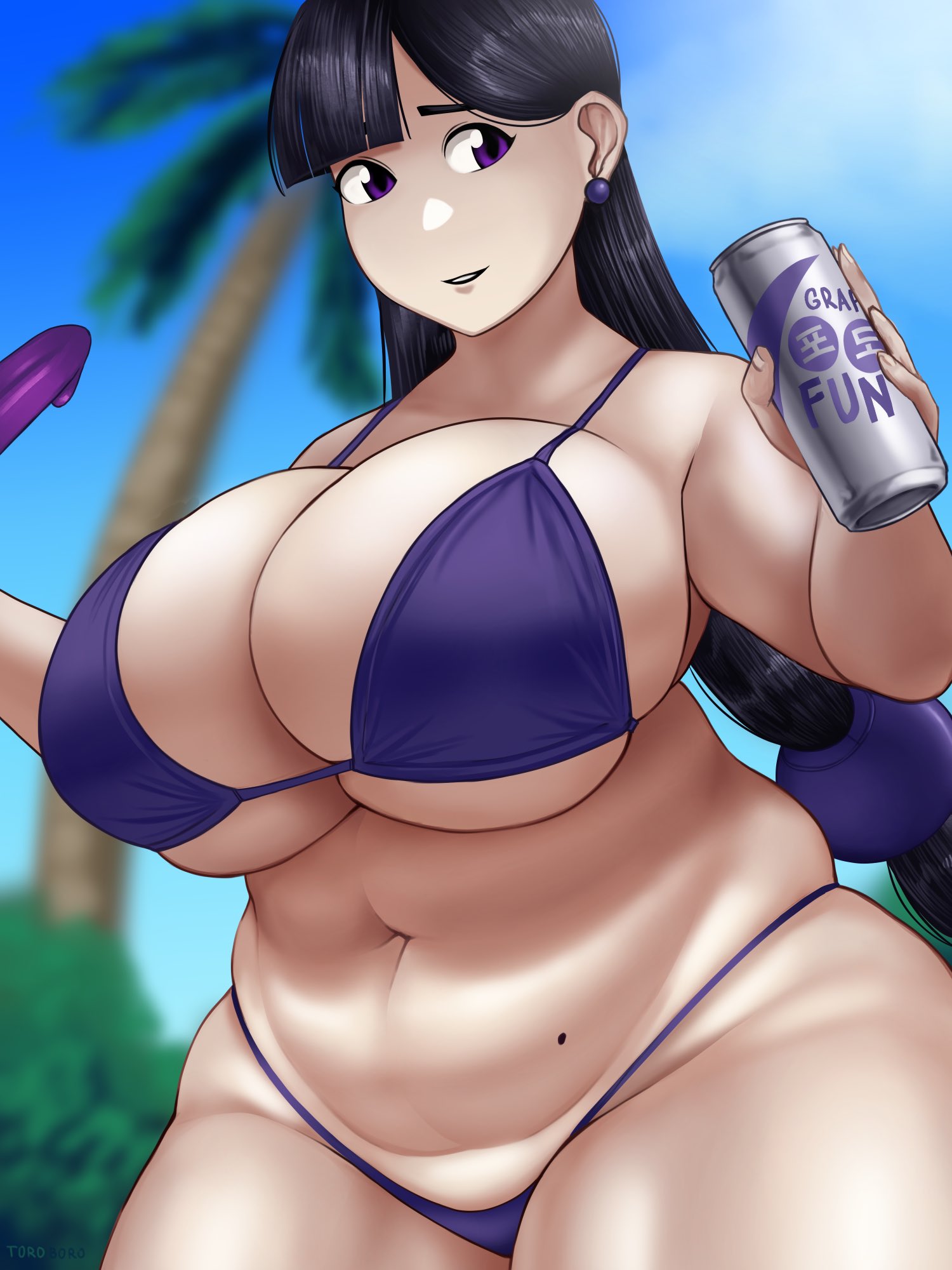 1girls, ass, beauty mark, belly, bikini, black hair, breasts, chubby, cleavage, clothed, drink, female, female only, gigantic breasts, huge ass, huge breasts, kyoho (toroboro), navel, outdoors, overweight, overweight female, purple eyes, sideboob, solo, text, thick thighs, toroboro, underboob, watermark, wide hips