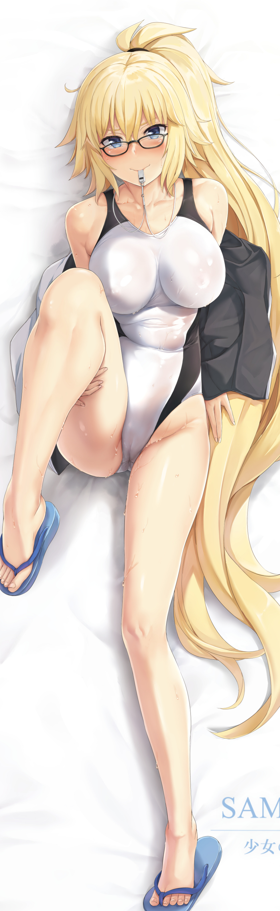 blonde hair, breasts, dakimakura, fate (series), fate/grand order, female, glasses, jeanne d'arc (fate), jeanne d'arc (swimsuit archer), looking at viewer, shiny, shiny skin, skin tight, swimsuit, wet