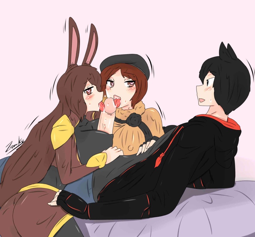 1boy 2girls bisexual_(female) black_eye black_hair breasts brown_eyes brown_hair bunny_ears cat_ears clothed coco_adel collaborative_fellatio fingerless_gloves hat heart-shaped_pupils jin_satou original_character rwby velvet_scarlatina zronku