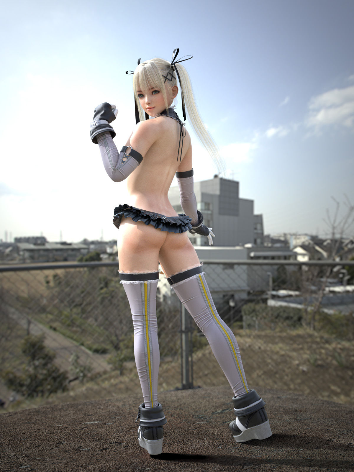 1girls 3d black_ribbon blonde_hair blue_eyes dead_or_alive dead_or_alive_5 elbow_gloves exhibition exhibitionism exhibitionist exposed gloves hair_ribbon incise_soul legwear light-skinned_female m-rs marie_rose naked_thighhighs nipples nude outdoors outside public public_exposure public_nudity ribbon rubber slim_waist small_breasts solo thigh_boots thighhighs thighs twintails white_gloves