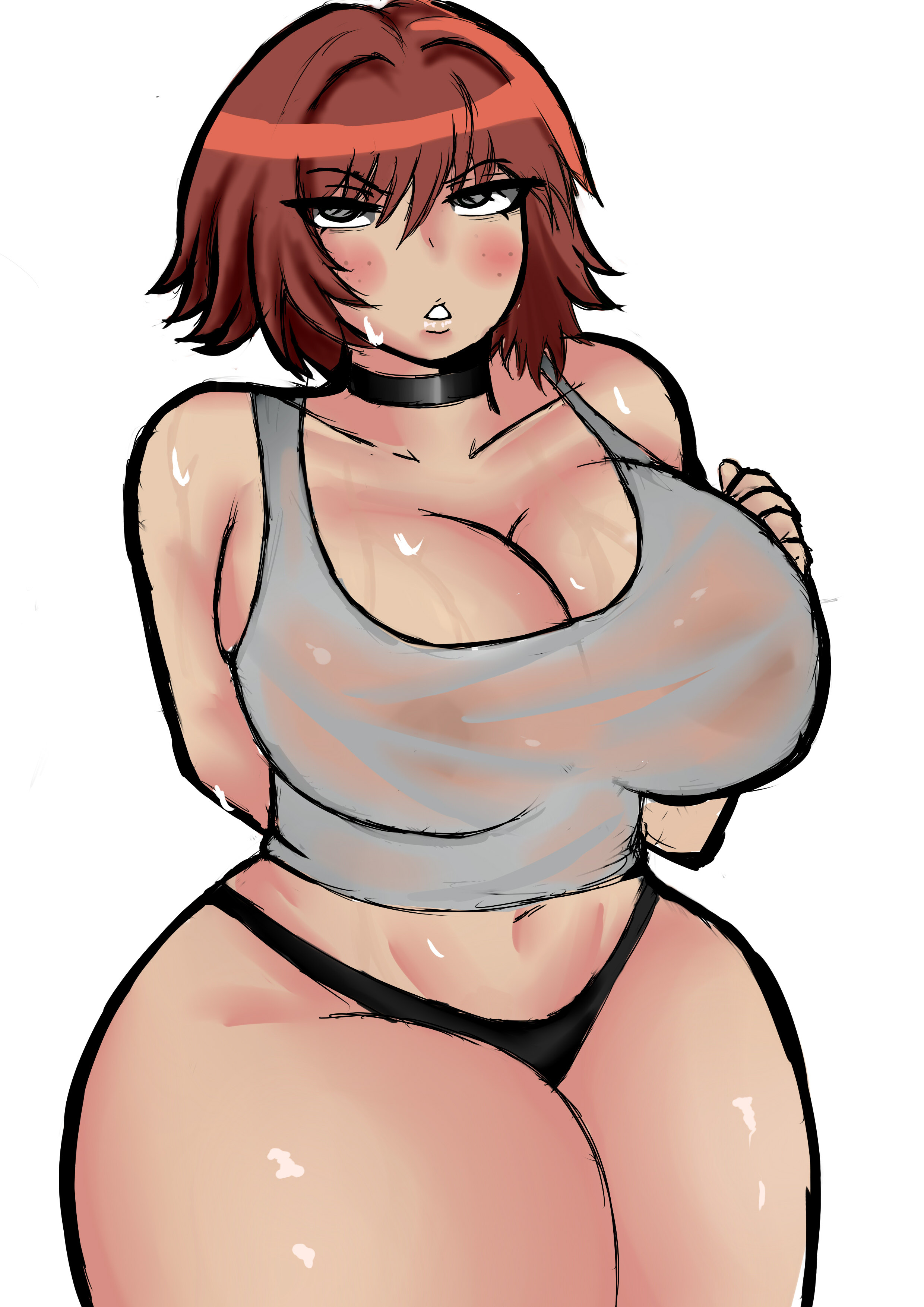 1girls, arm behind back, bare shoulders, big breasts, black panties, blush, breasts, brown hair, choker, female, freckles, grey eyes, kim pine, kuro.yk, panties, partially clothed, scott pilgrim, short hair, solo, solo female, sweat, tank top, thick thighs, thong