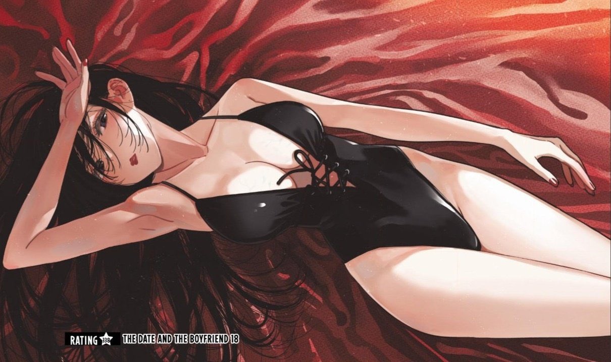 big breasts, black dress, breasts, female, kanojo okarishimasu, leaning, miyajima reiji, mizuhara chizuru, official art
