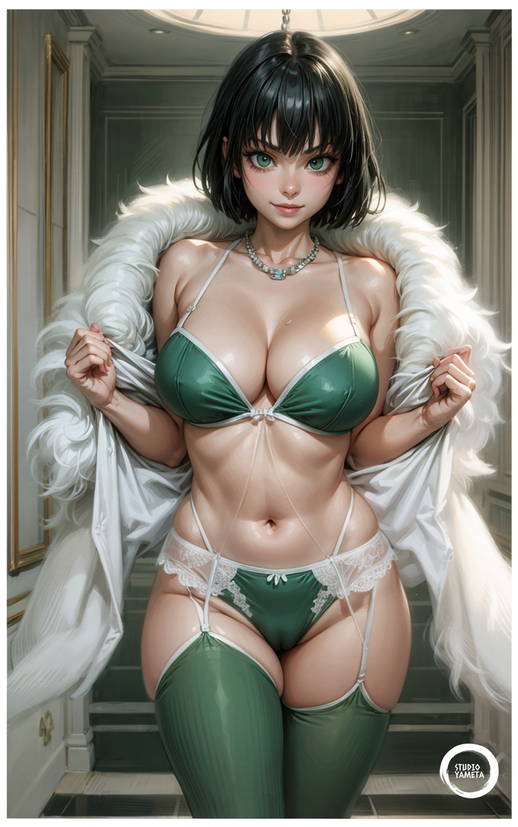 1girls ai_generated big_ass big_breasts bob_cut cleavage fubuki_(one-punch_man) fur fur_coat green_eyes green_hair jewelry lingerie lingerie_only one-punch_man short_hair thighs walking yametastudio