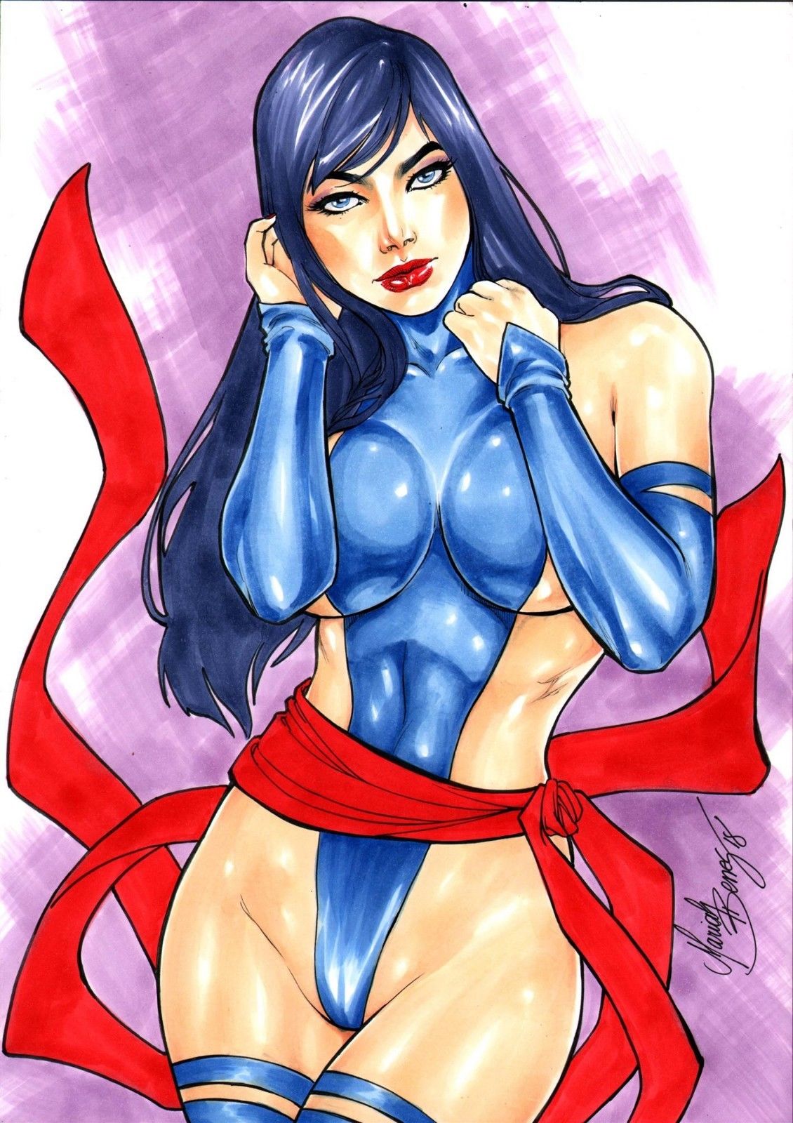 1girls 2018 betsy_braddock big_breasts blue_clothing blue_eyes blue_hair blue_leotard blue_sleeves blue_stockings blue_thighhighs breasts busty curvaceous curvy dated ed_benes_studio eyeshadow female female_only fingerless_arm_sleeves hand_in_hair homo_superior human large_breasts leotard long_hair makeup mariah_benes marvel marvel_comics mascara mutant pinup psylocke red_lips red_sash sash signature sleeves solo stockings straight_hair superheroine thick_thighs thighhighs thighs voluptuous x-men