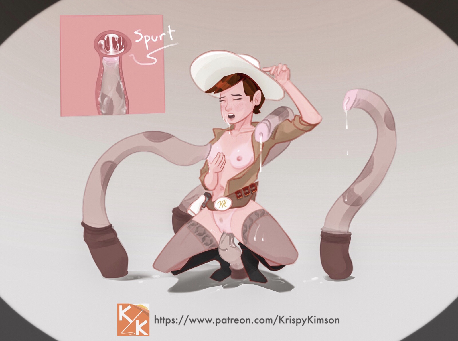 1girls, black legwear, black thighhighs, blush, boots, breast grab, breast sucking, breasts, brown hair, closed eyes, clothing, cowboy hat, cross section, cum, cum in pussy, cum in uterus, cum inside, female, horsecock tentacles, krispy (character), krispy kimson, male, milking tentacles, nipples, open clothes, open mouth, open shirt, penetration, penis, penis tentacles, pussy, sex, short hair, small breasts, spread legs, squatting, tentacle, tentacle sucking breasts, thighhighs, uterus, vaginal penetration, x-ray