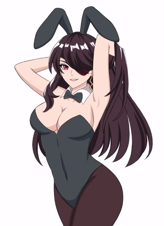 beidou_(genshin_impact) black_hair bunny_ears bunnysuit cleavage cosplay genshin_impact hfxpins