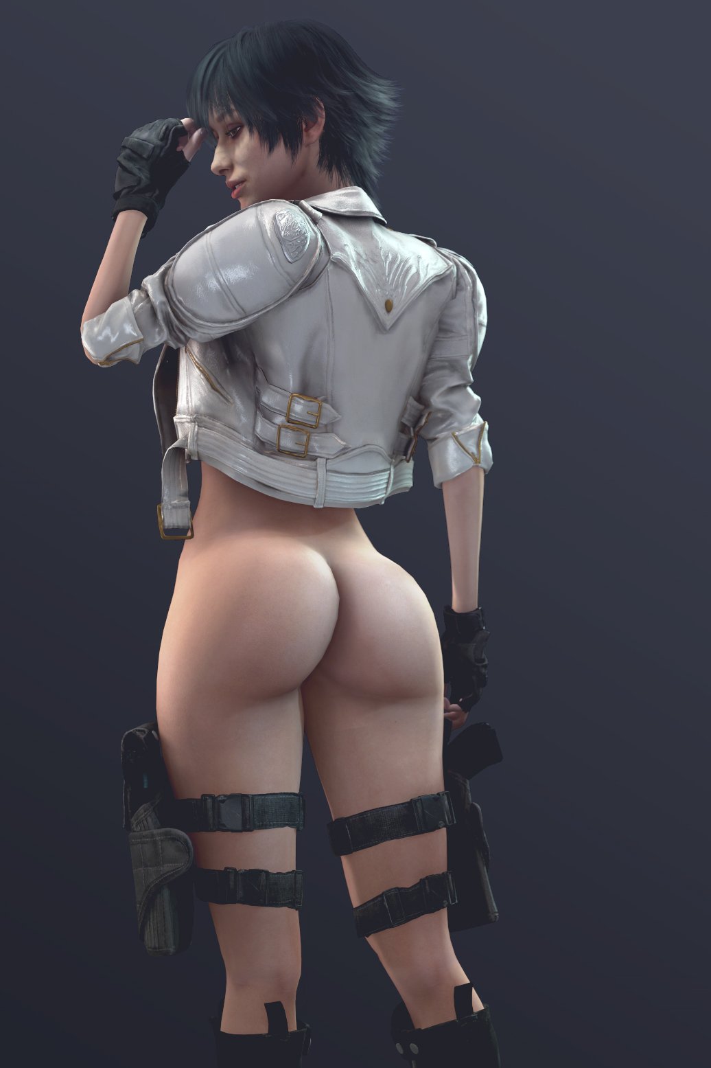 1girls, 3d, 3d (artwork), ass, batesz, black hair, bottomless, devil may cry, devil may cry (series), devil may cry 5, female, female only, lady (devil may cry), looking at viewer, no panties, nudity, pinup, realistic, short hair, solo, source filmmaker