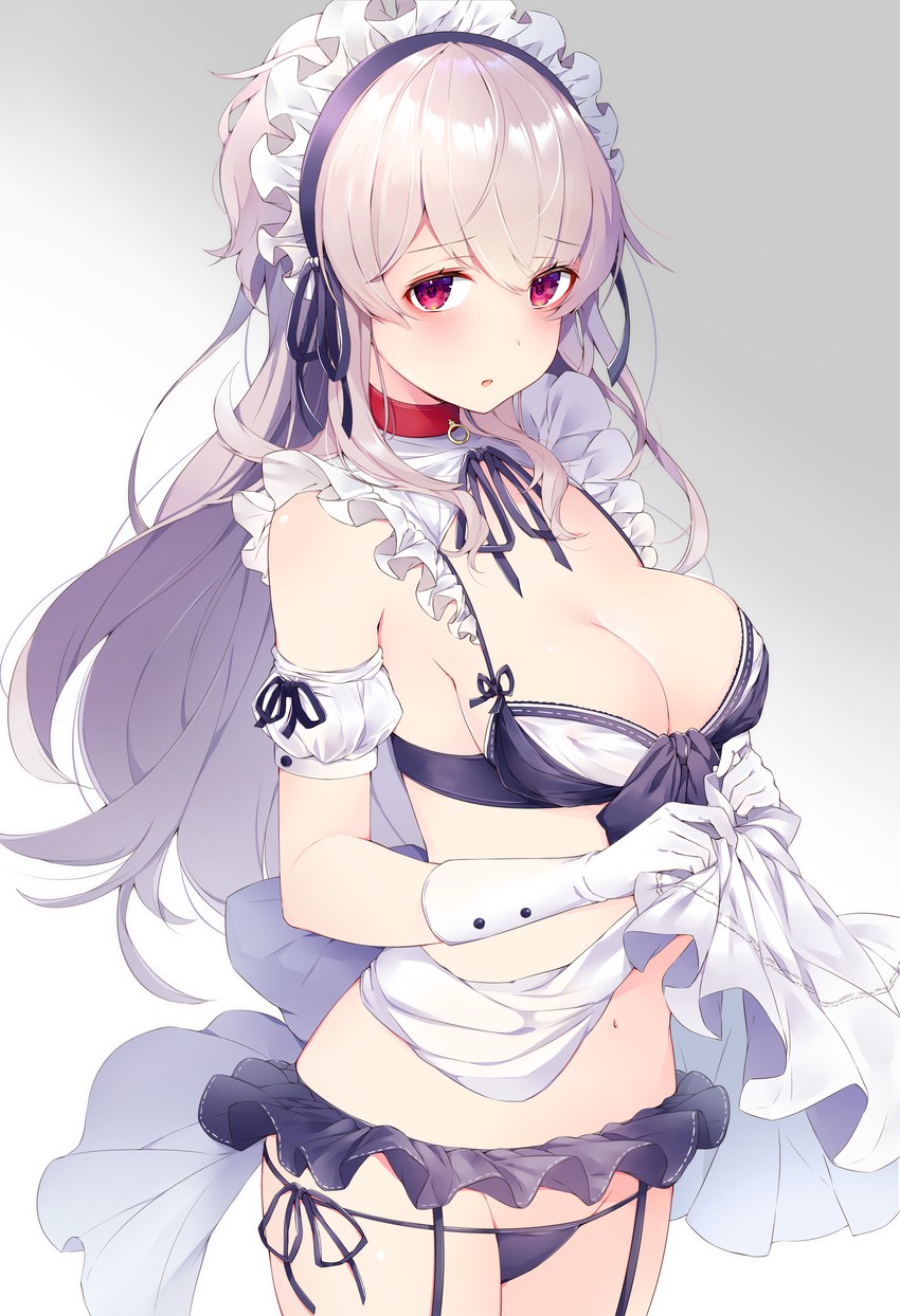 apron apron_lift bare_belly bare_shoulders belly_button big_breasts black_bra black_panties black_skirt blush bra breasts choker cleavage female female_only frills front-tie_bra fully_clothed garter_belt garter_straps gloves lifting_own_clothes lingerie long_hair maid_headdress maid_lingerie maid_outfit microskirt open_mouth original original_character panties purple_hair red_eyes revealing_clothes ringozaka_mariko side-tie_panties sideboob skimpy_clothes string_panties thighs white_gloves