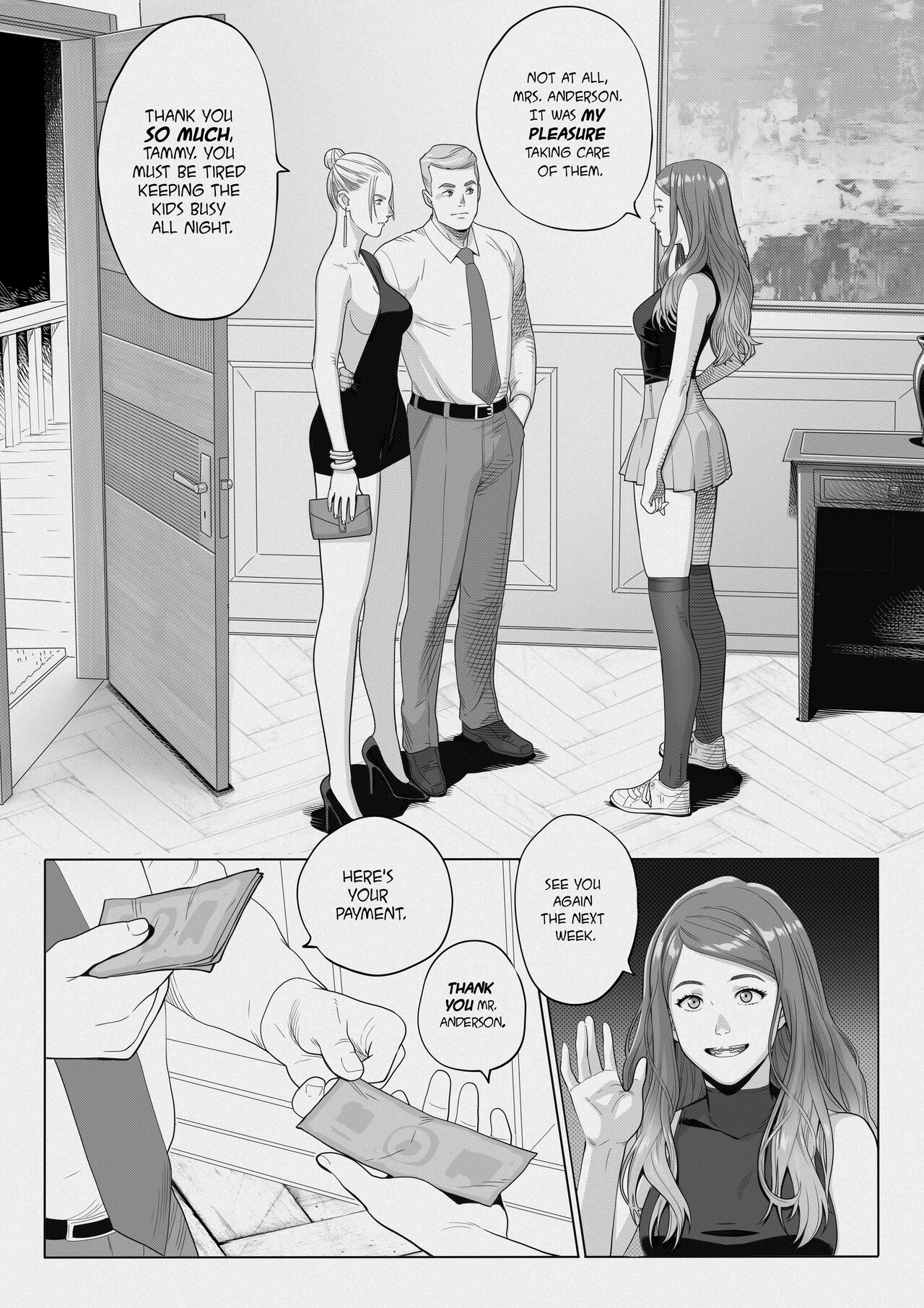 1boy, 2girls, black and white, braces, comic, comic page, dialogue, earrings, english text, female, high heels, male, monochrome, original, skirt, speech bubble, tagme, tammy (tekuho), teenager, tekuho, text