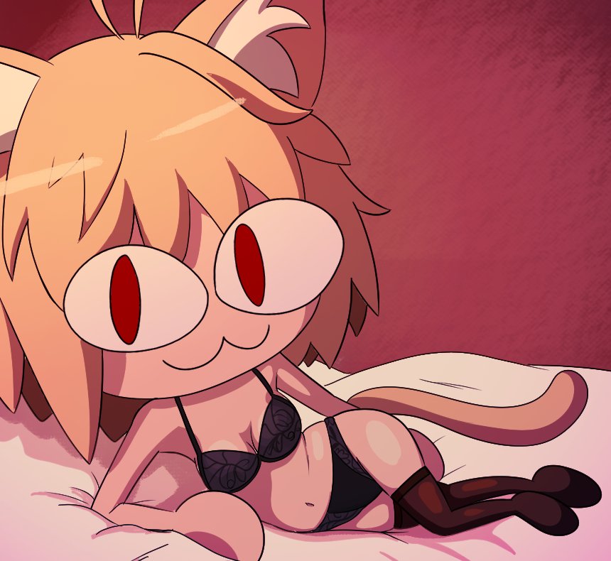 :3, 1girls, 2d, animal ears, anthro, anthro female, anthro only, ass, bed, breasts, cat ears, feline, female, female only, full body, hand on ass, hand on butt, impstripe, lingerie, looking at viewer, lying, lying on bed, melty blood, navel, neco-arc, on side, pose, posing, presenting, small breasts, smile, solo, solo female, stockings, tail, tsukihime, type-moon