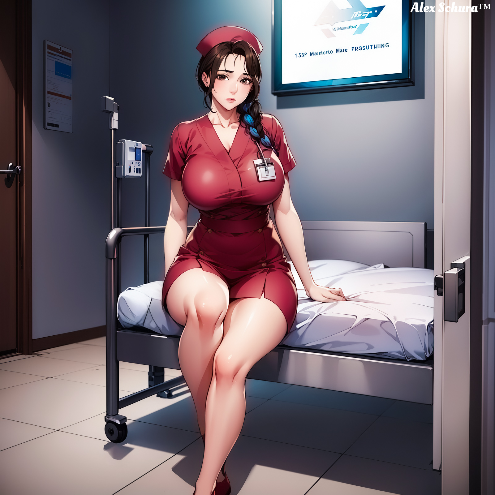 1girls, ai generated, alex-schura, bangs, bed, bed sheet, blush, boarding diary, braid, braided ponytail, breasts, brown eyes, brown hair, cleavage, clothing, completely nude, curvaceous, curvaceous female, curvaceous figure, curvy, curvy figure, dress, female, female focus, female only, footwear, hat, headwear, hospital bed, huge breasts, id card, indoors, interracial, large breasts, long hair, looking at viewer, mature, mature female, mi-kyung cho, milf, name tag, nude, nurse, nurse cap, parted lips, red dress, red footwear, shoes, short dress, short sleeves, single braid, sitting, solo, thick thighs, thighs, tied hair, tiles, voluptuous, voluptuous female