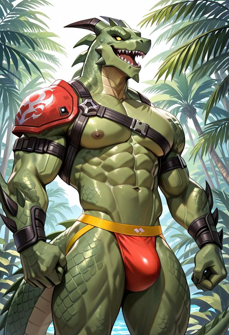 abs ai_generated anthro anthro_male biceps blush fortnite gay green_skin hybrid_(fortnite) jockstrap jockstrap_only looking_at_viewer male male_only muscular muscular_male nude_male scalie sharp_teeth smile tail toned_body toned_male twall97 yellow_eyes