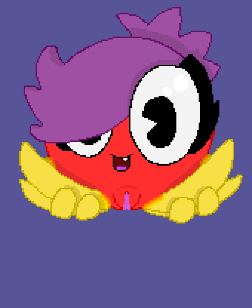 bangs big_eyes eyelashes female grin grinning hair_over_one_eye holding_legs legs_apart legs_held_open legs_up mascara octopus pink_pussy pixel_art ponytail purple_hair pussy red_skin scp_guy smile smiling snaggle_tooth solo tongue vulva yellow_skin