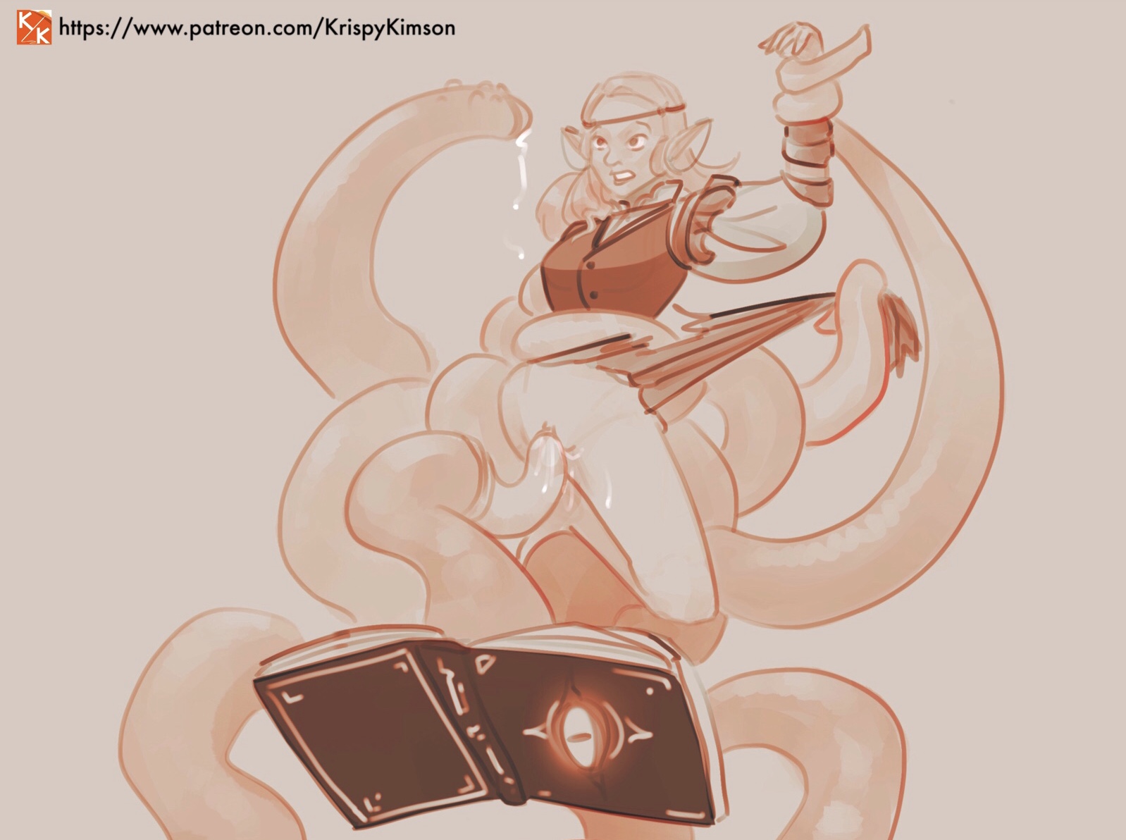 book, clenched teeth, clothed sex, clothing, cum, elf, female, krispy kimson, long hair, magic, male, mimic, monster, penetration, penis, penis tentacles, pointy ears, pussy, restrained, restrained by tentacles, sex, spellbook, spread legs, summoning, suspended via tentacles, suspension, tentacle, tentacle in pussy, tentacle summoning, tentacles around arms, tentacles around legs, torn clothes, vaginal penetration, witch