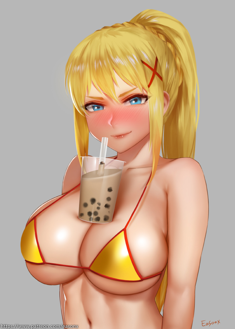 1girls, big breasts, bikini, bikini top, blonde hair, blue eyes, blush, bra, breasts, bubble tea challenge, cleavage, darkness (konosuba), easonx, eyebrows visible through hair, female, female only, kono subarashii sekai ni shukufuku wo!, large breasts, looking at viewer, ponytail, smile, solo, swimsuit, tapioca challenge, yellow bikini