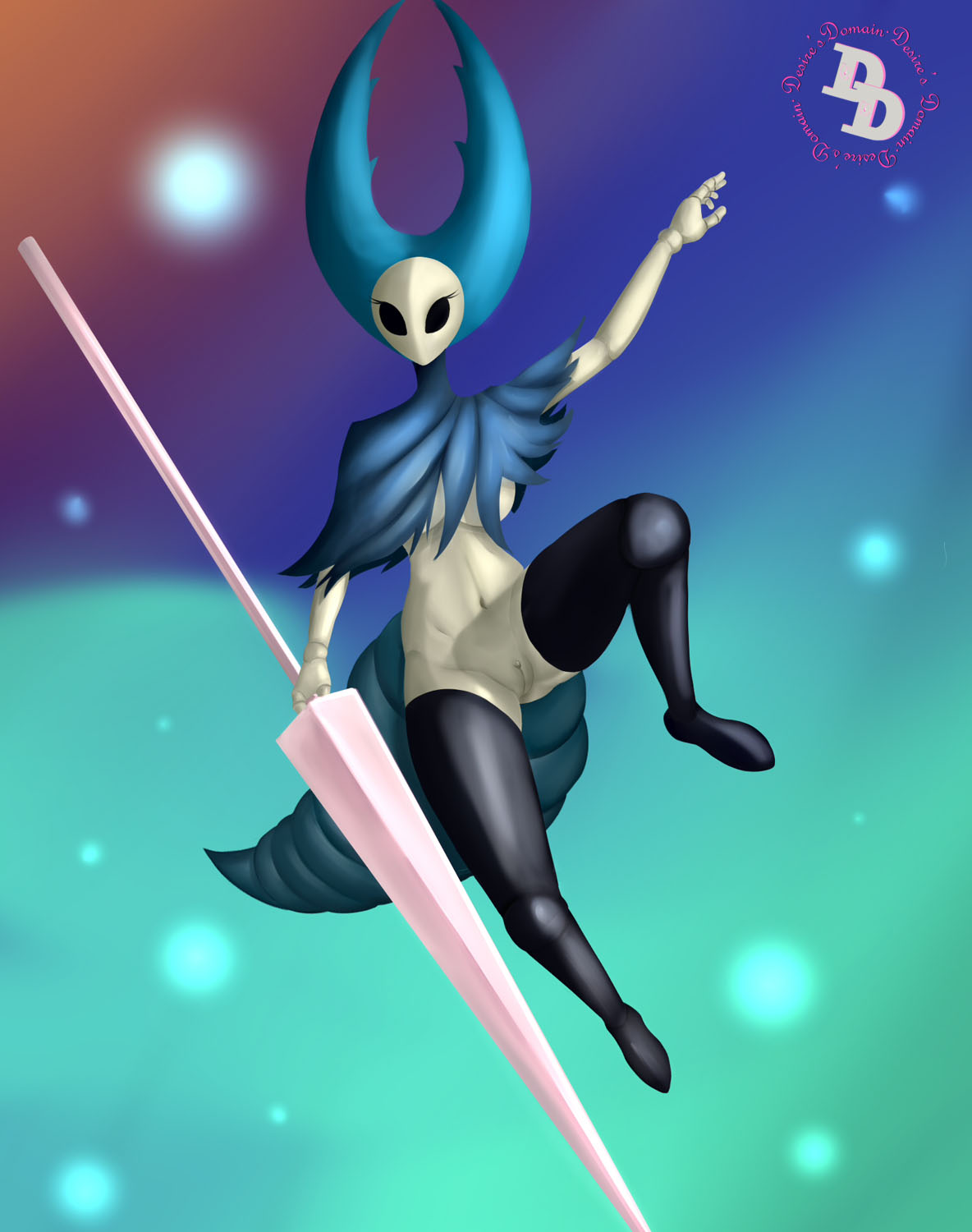 2019 anthro arthropod arthropod_abdomen big_breasts black_eyes breasts clothed clothing desire's_domain digital_media_(artwork) featureless female hi_res hollow_knight insects mantis mantis_lord non-mammal_breasts nude pussy simple_background solo video_games weapon