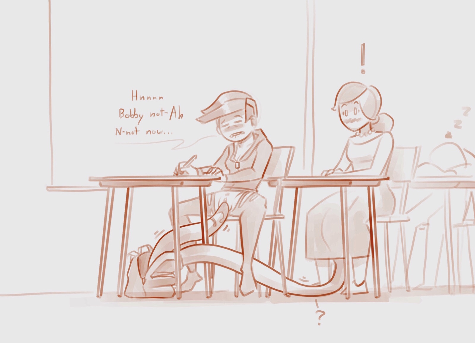 !, 2girls, ambiguous penetration, backpack, biting lip, blush, bobby (krispy kimson), classroom, cleavage, closed eyes, clothed sex, clothing, covered penetration, dialogue, dress, female, hoodie, implied penetration, implied sex, krispy kimson, long hair, multiple females, multiple girls, pencil, penetration, pussy, sex, sex under clothes, sex under dress, short hair, spread legs, surprised, tentacle, tentacle in pussy, tentacle under dress, tentacles under clothes, torn clothes, vaginal penetration, wide eyed, zzz