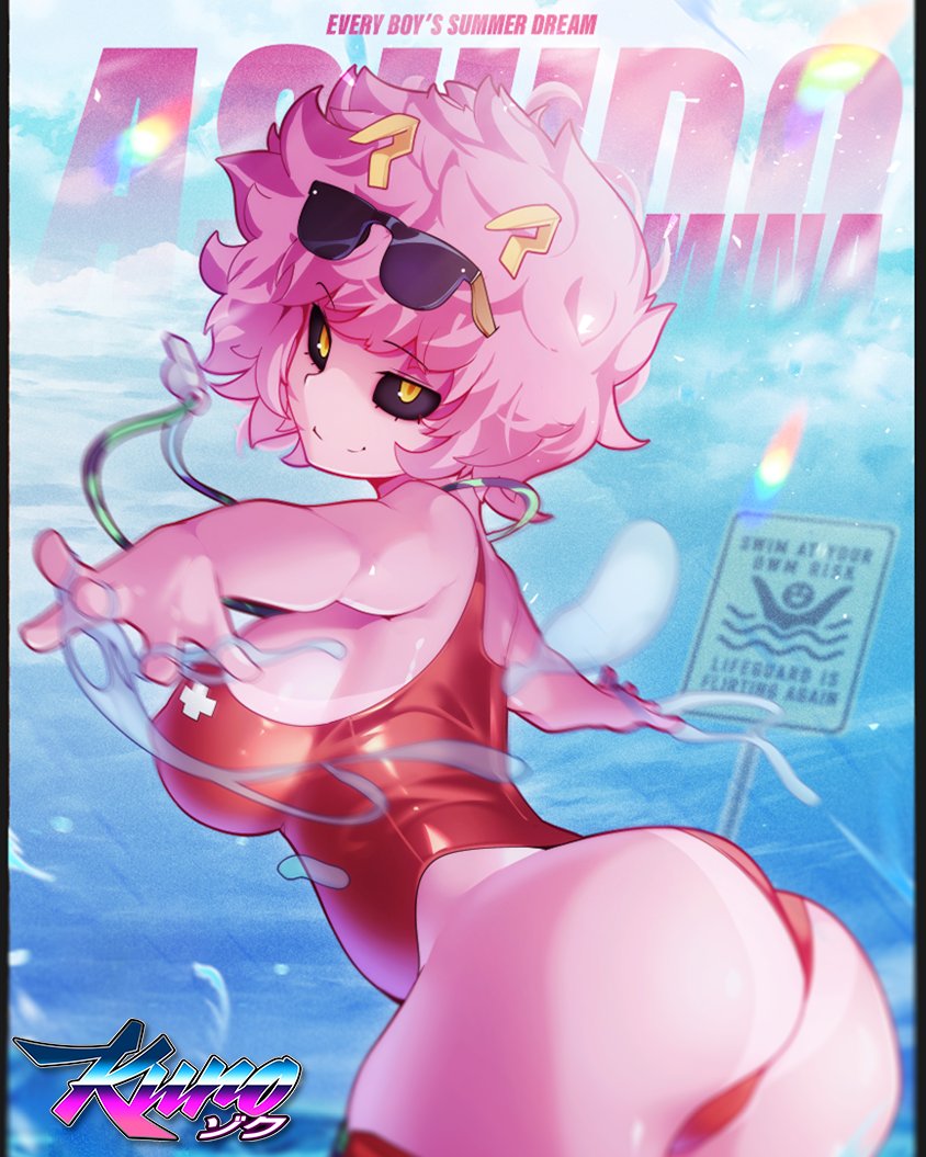 1girls, ass, big ass, female, hotvr, large ass, lifeguard, magazine cover, mina ashido, my hero academia, one-piece swimsuit, pink body, pink hair, pink skin, pink-haired female, short hair, solo, sunglasses, swimsuit, tanline, teenager, water