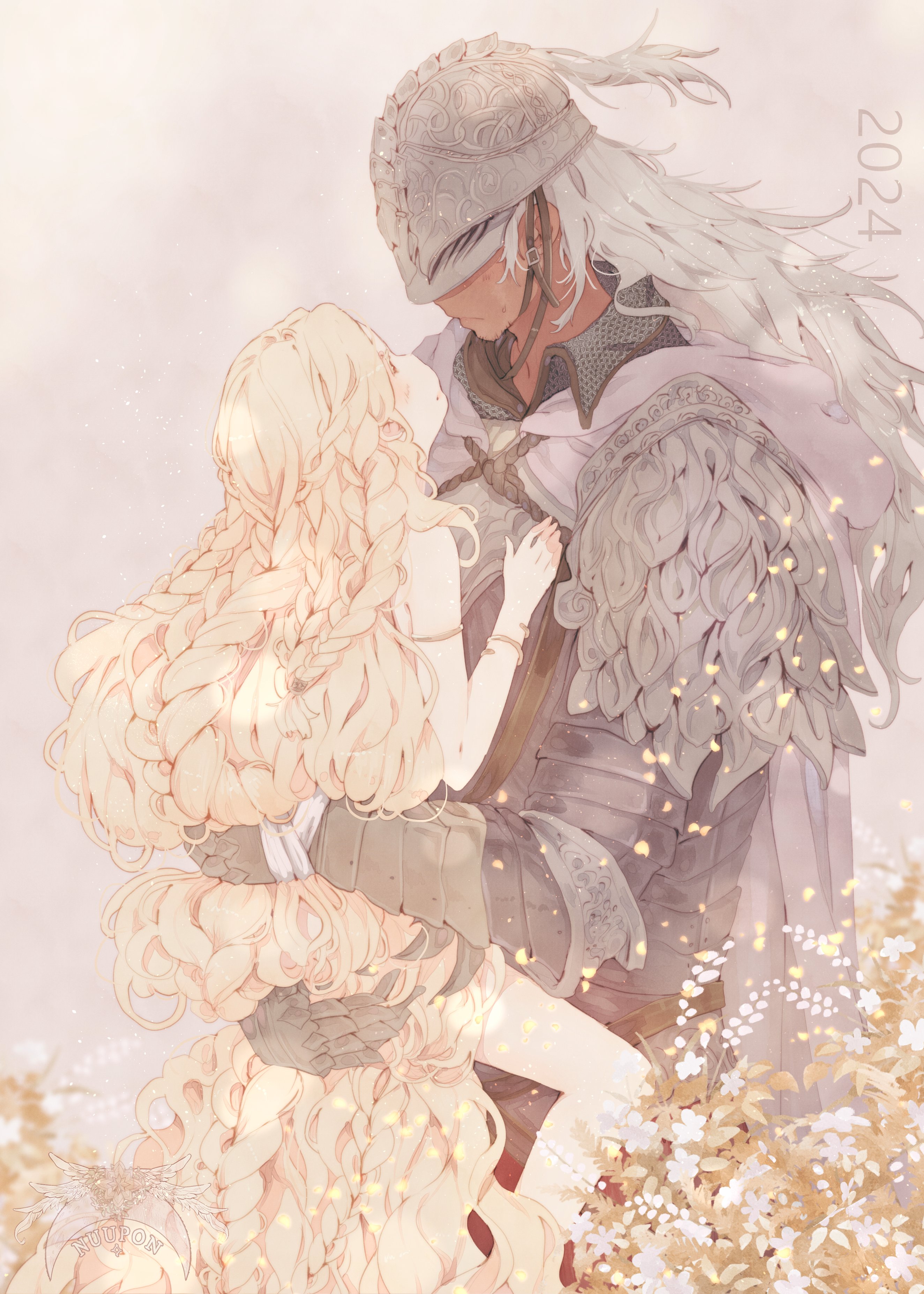 age difference, blonde hair, blush, carrying, elden ring, femboy, fromsoftware, hugging, male, miquella, nude, nude femboy, nuupon, pale skin, shadow of the erdtree, smaller male, tarnished, very long hair, young, young male