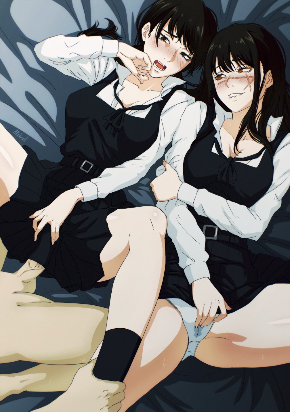 1boy 2024 2girls akobeul biting_lip black_eyes black_hair blush chainsaw_man clothed_sex color denji_(chainsaw_man) excited female_focus female_masturbation horny_female looking_pleasured mitaka_asa moaning on_bed open_mouth red_eyes scar scar_on_face school_uniform sex vaginal_penetration vaginal_sex watermark yoru_(chainsaw_man)