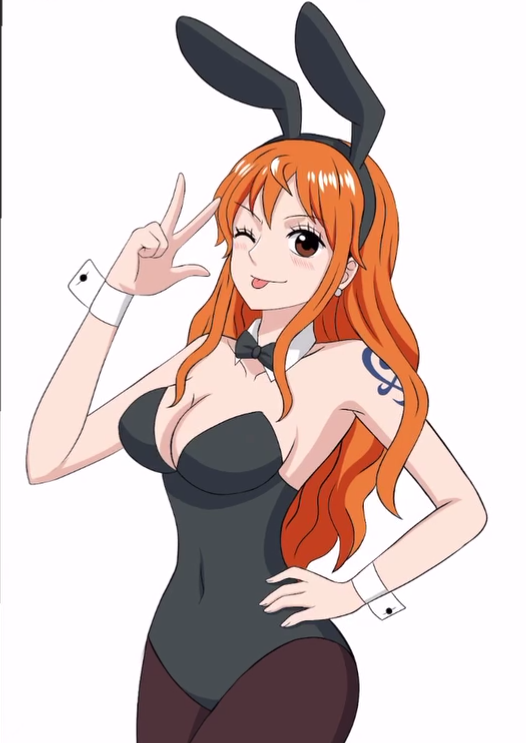 blue_tattoo bunny_ears bunnysuit cleavage cosplay female female_only hfxpins long_hair nami nami_(one_piece) one_piece orange_hair post-timeskip tattoo window