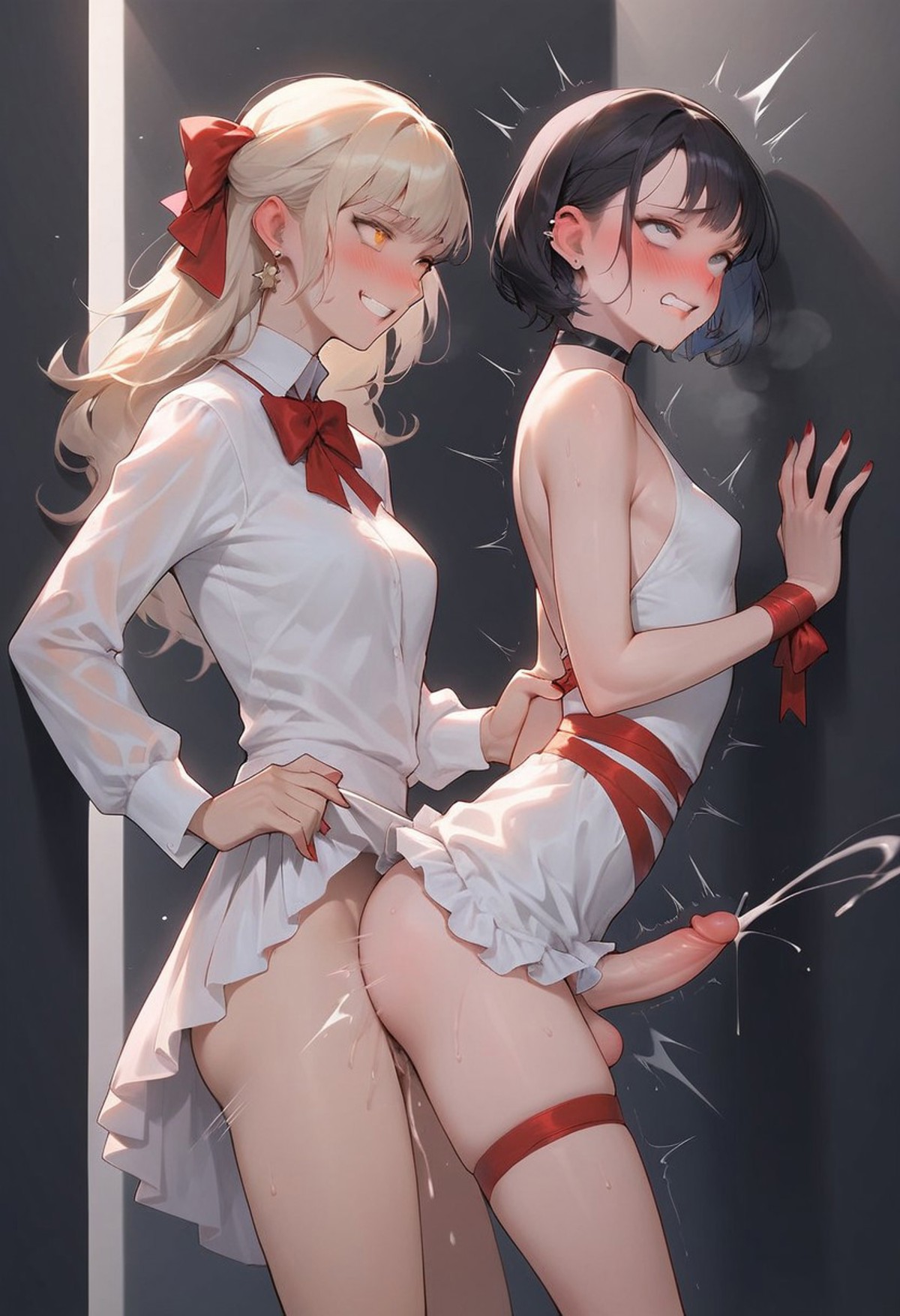 2futas, against wall, ai generated, anal, anal orgasm, anal sex, balls, blush, bottomless, bottomless futa, breasts, choker, clenched teeth, clothed sex, clothes lift, cum, cum inside, cumming, cumming from anal sex, cumming together, cumshot, dark cultist, dickgirl, dress, duo, ejaculation while penetrated, erect penis, erection, eyes rolling back, from side, futa on futa, futa only, futa penetrated, futa penetrating, futa sans pussy, futa with futa, futadom, futanari, futasub, grin, hair ribbon, hands-free, handsfree ejaculation, huge cock, huge cumshot, intersex, leaning forward, long hair, no panties, orgasm, orgasm face, partially clothed, penis, ribbon, self upload, sex, sex from behind, short hair, side view, smile, smirk, standing, standing sex, thigh strap, thrusting, trembling