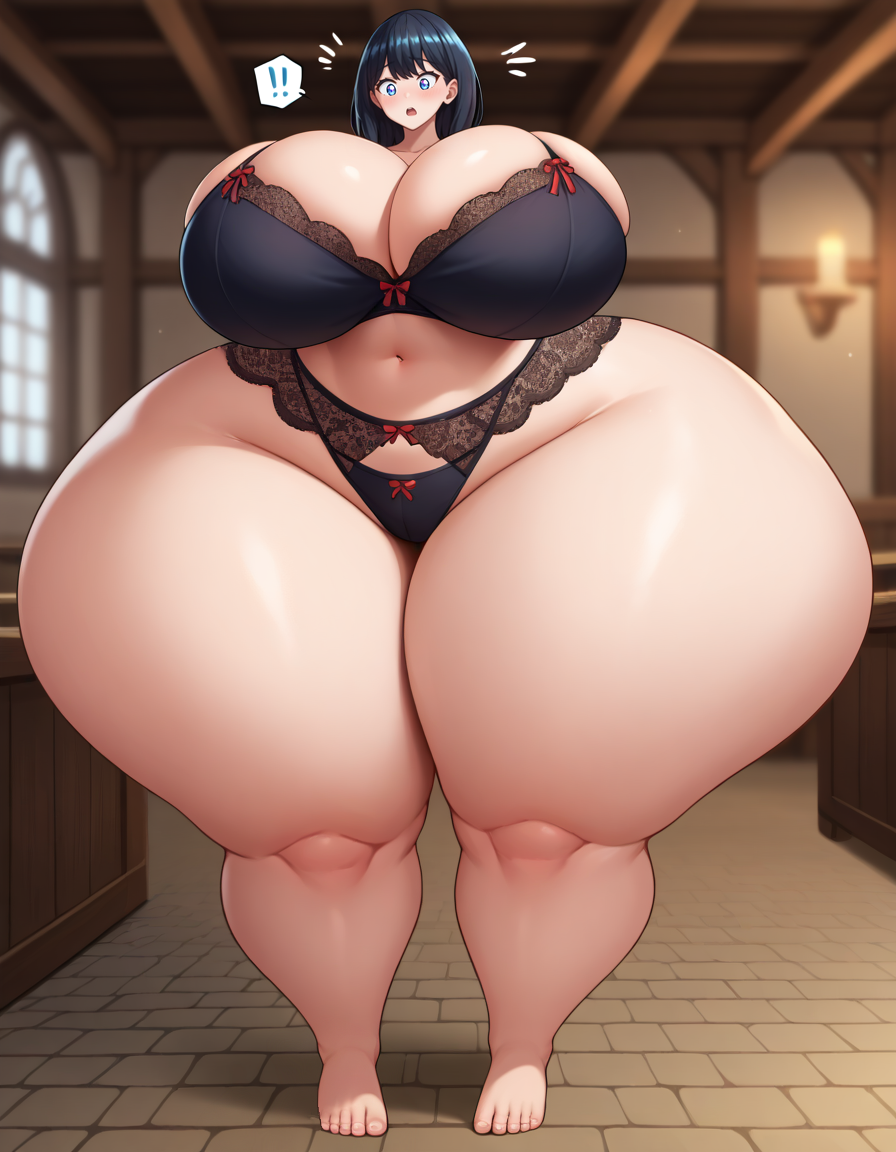 !! ai_generated barefoot black_lingerie gigantic_ass gigantic_breasts growth hyper_ass hyper_breasts lace_trim lingerie notice_lines plump ssss.gridman stable_diffusion suprised suprised_look sweatdrop takarada_rikka tavern toes