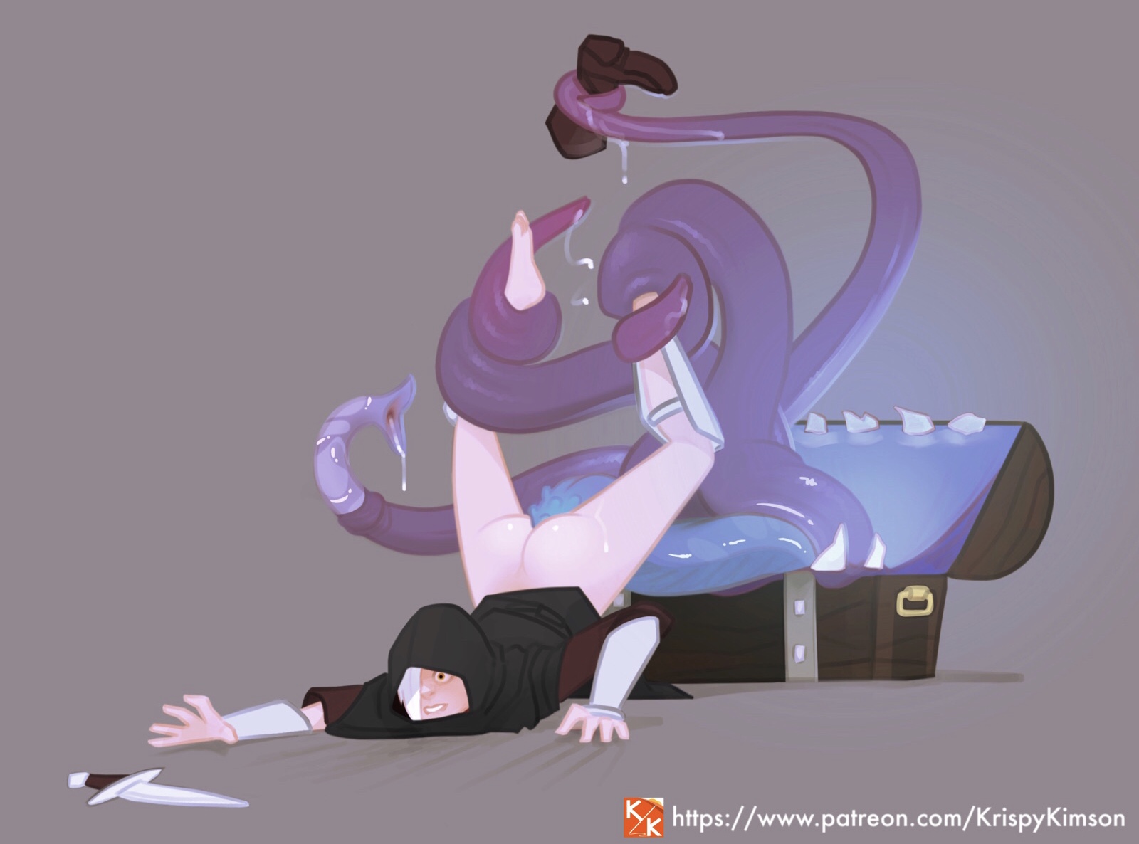 1girls, ass, barefoot, bottomless, chest, clenched teeth, clothed sex, clothing, dagger, feet, female, forced, from behind, interspecies, krispy kimson, mimic, mimic chest, monster, penetration, pussy, rape, restrained, sex, shoes removed, short hair, slime, spread legs, story at source, story in description, tentacle, tentacle rape, toes, vaginal penetration