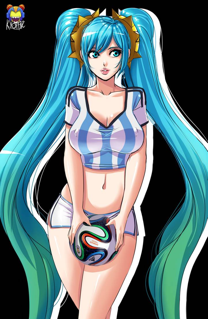ass, big ass, big breasts, blue eyes, blue hair, breasts, collarbone, female, female only, human, kyoffie, large breasts, league of legends, long hair, navel, nipples visible through clothing, short shorts, skimpy clothes, solo, sona buvelle, thighs, tied hair, twintails, very long hair