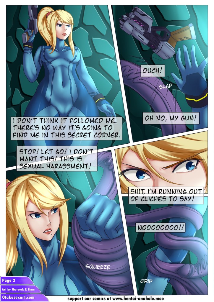 blonde_hair blue_eyes bodysuit clenched_teeth comic dialogue english_text female gun jberserk limn long_hair metroid nintendo otakusexart page_3 penis_tentacles restrained samus_aran tentacle zero_suit_samus