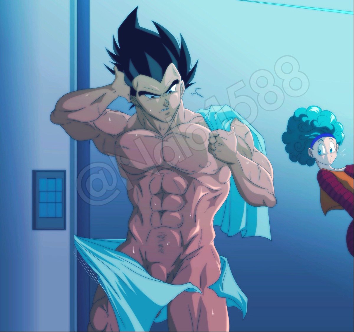 1boy, 1girls, accidental exposure, afro, blue hair, bulma (afro), bulma briefs, clothes stuck on object, dragon ball, dragon ball z, female, lost clothes, male, male focus, male/female, muscles, muscular, muscular male, nala1588, nude, penis, straight hair, towel, vegeta