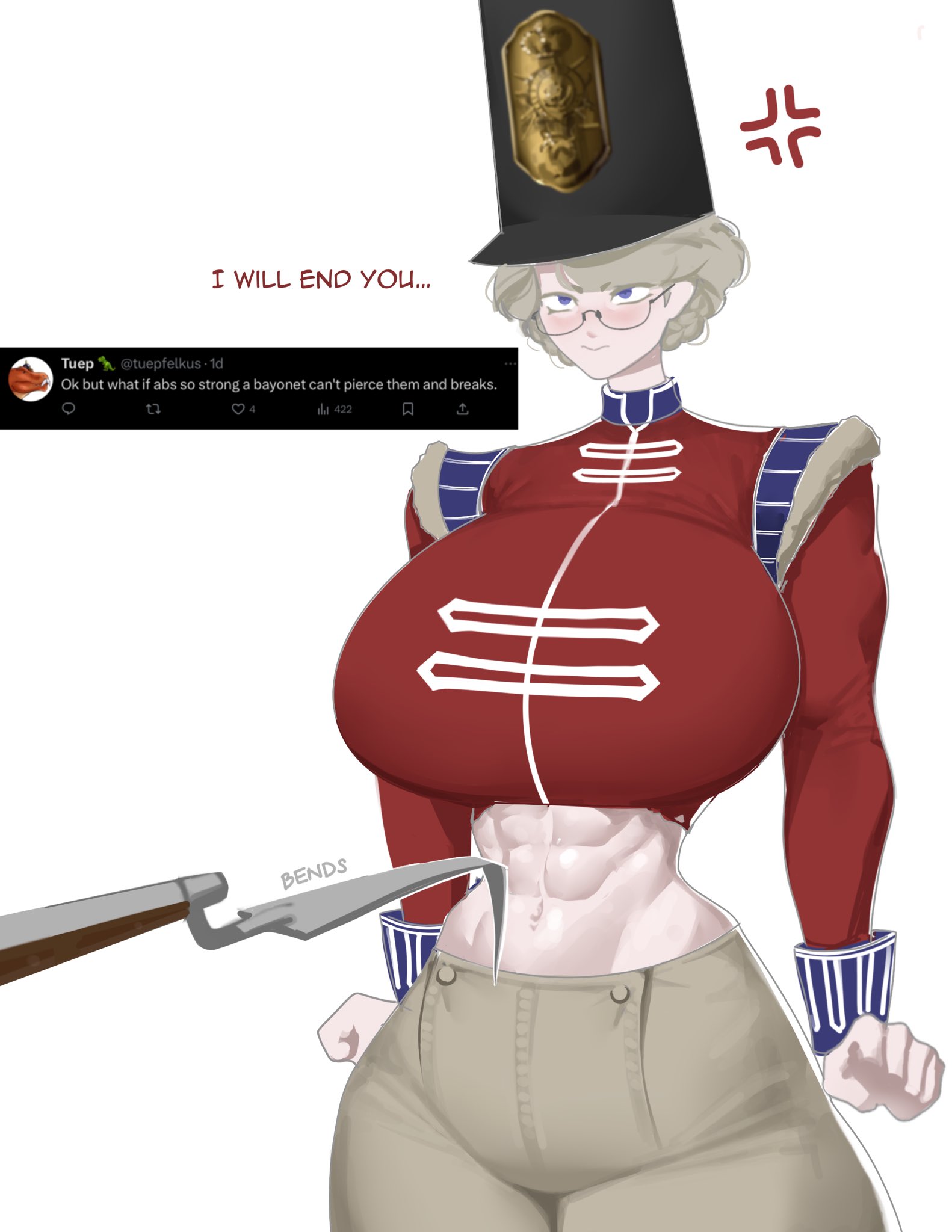 abs, angry, breasts, female, glasses, huge breasts, marinerx, military uniform, miss coldstream, muscular, muscular female, original character, shako cap