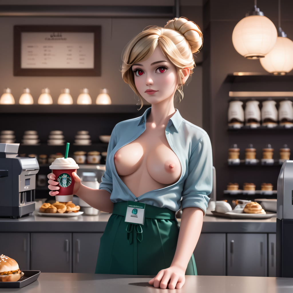 ai_generated barista behind_the_counter exposed_breasts open_shirt starbucks