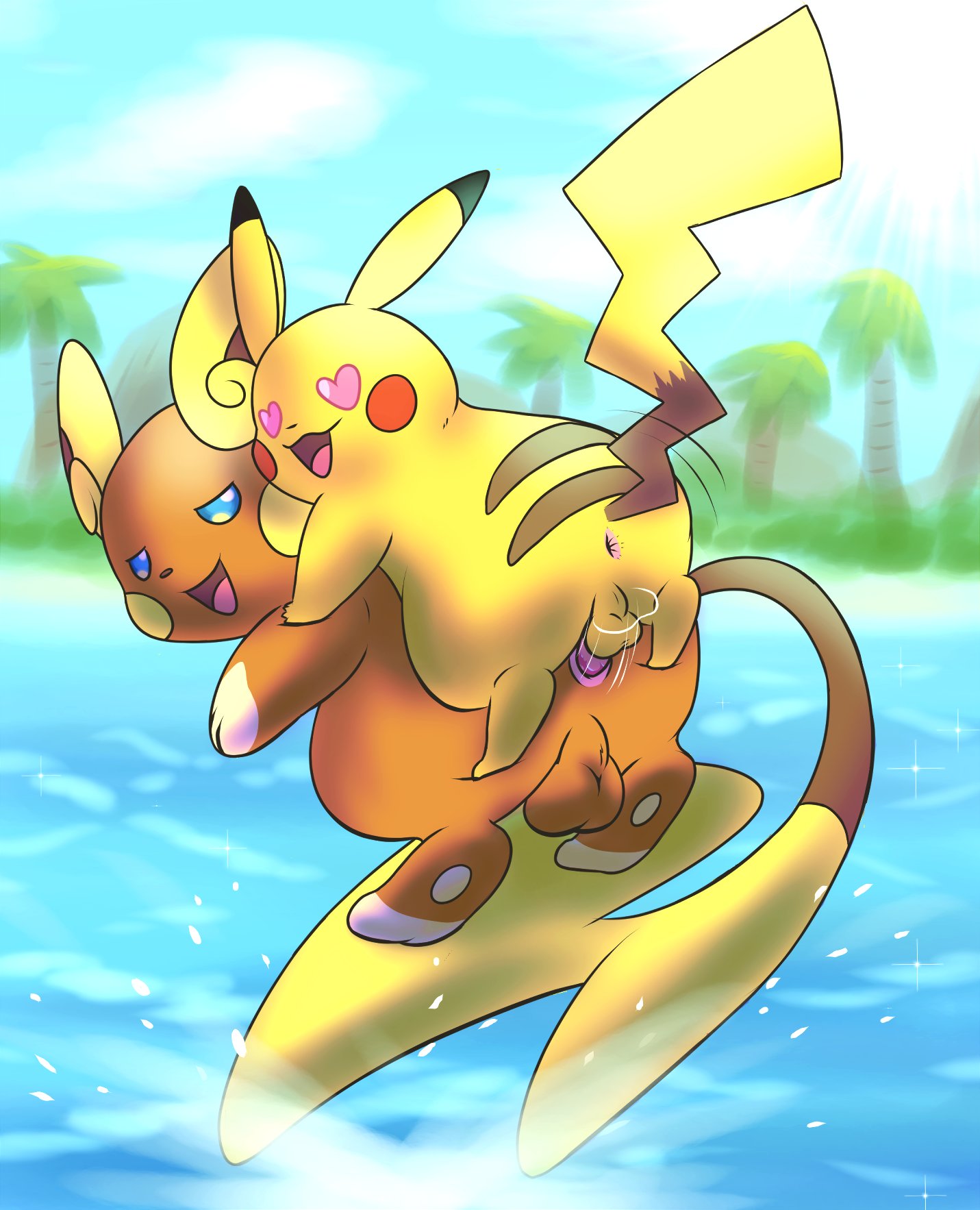 alolan_form alolan_raichu anal anal_sex anthro anus balls blush duo erection fur gay generation_1_pokemon generation_7_pokemon genitals heart-shaped_pupils heart_eyes hi_res male male/male male_penetrated male_penetrating male_penetrating_male mincheeto nintendo penetration penile penile_penetration penis penis_in_ass pikachu pokemon pokemon_(species) raichu regional_form_(pokemon) sex size_difference surfing yellow_body yellow_fur