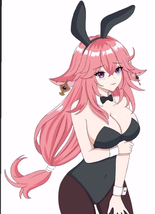 blush bunny_ears bunnysuit cleavage cosplay genshin_impact hfxpins pink_hair yae_miko