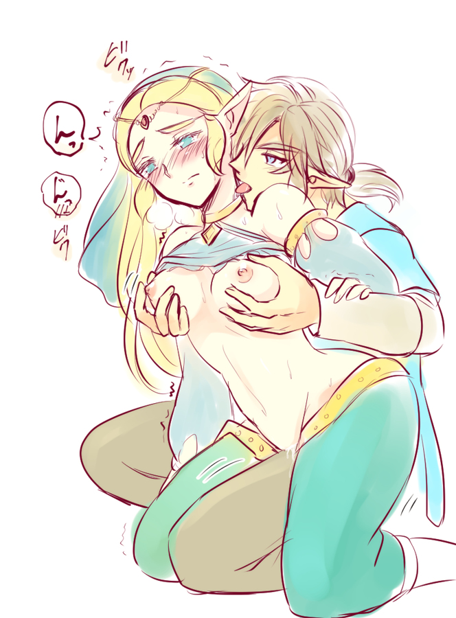 1boy1girl blue_eyes blushing_female breasts breath_of_the_wild color dripping_pussy gerudo_outfit grabbing_breasts green_eyes hylian hylian_ears kaido_sakura_(海棠深月) licking licking_neck light-skinned_female light-skinned_male link link_(breath_of_the_wild) nintendo nipples pleasured_face princess_zelda rubbing_nipples squeezing_breast the_legend_of_zelda wet_pussy zelda_(breath_of_the_wild)