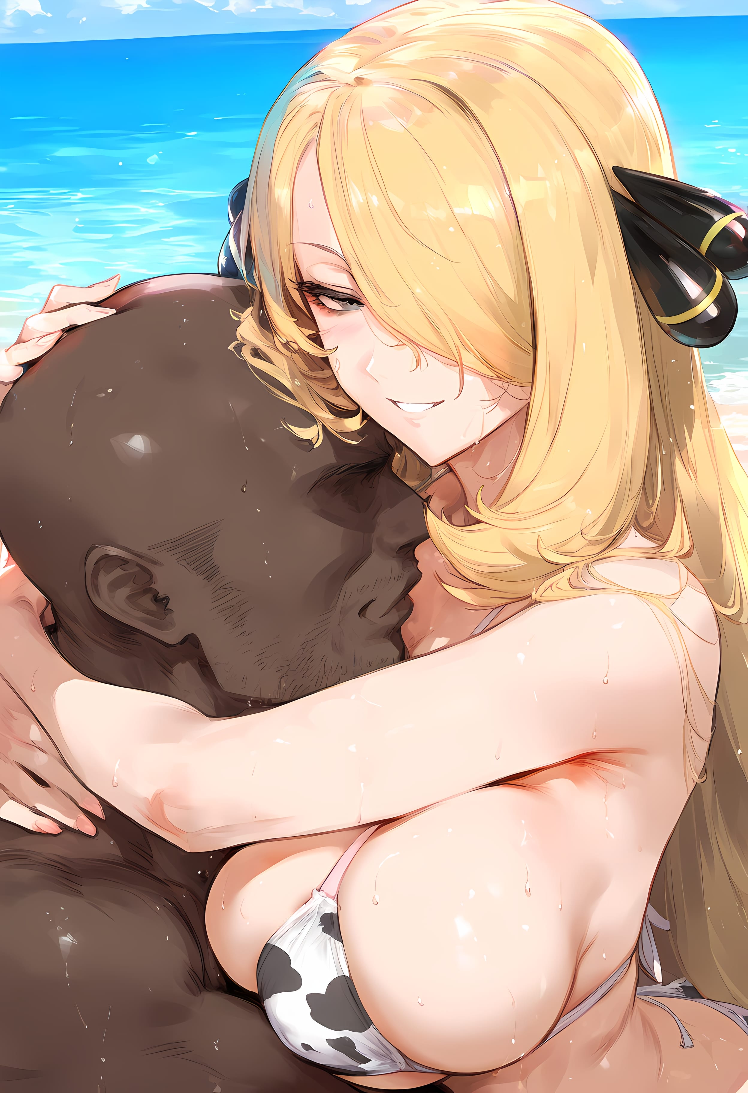 1boy, 1girls, ai generated, animal print, ass, bangs, beach, bikini, blonde hair, blue sky, blush, breast press, breasts, cleavage, clothing, cloud, completely nude, cow bikini, cow print, cowkini, curvaceous, curvaceous female, curvaceous figure, curvy, curvy figure, cynthia (pokemon), dark skin, dark-skinned male, day, faceless, faceless male, female, female focus, grey eyes, grin, hair ornament, hair over one eye, hug, huge breasts, interracial, large breasts, long hair, looking at viewer, male, nakatori, nipples, nude, ocean, outdoors, parted lips, penis, pokemon, pokemon (game), pokemon character, pokemon dppt, print bikini, sex, side-tie bikini bottom, sideboob, skindentation, sky, smile, straight, sweat, swimsuit, thighs, upper body, very long hair, voluptuous, voluptuous female, water, wet, white bikini