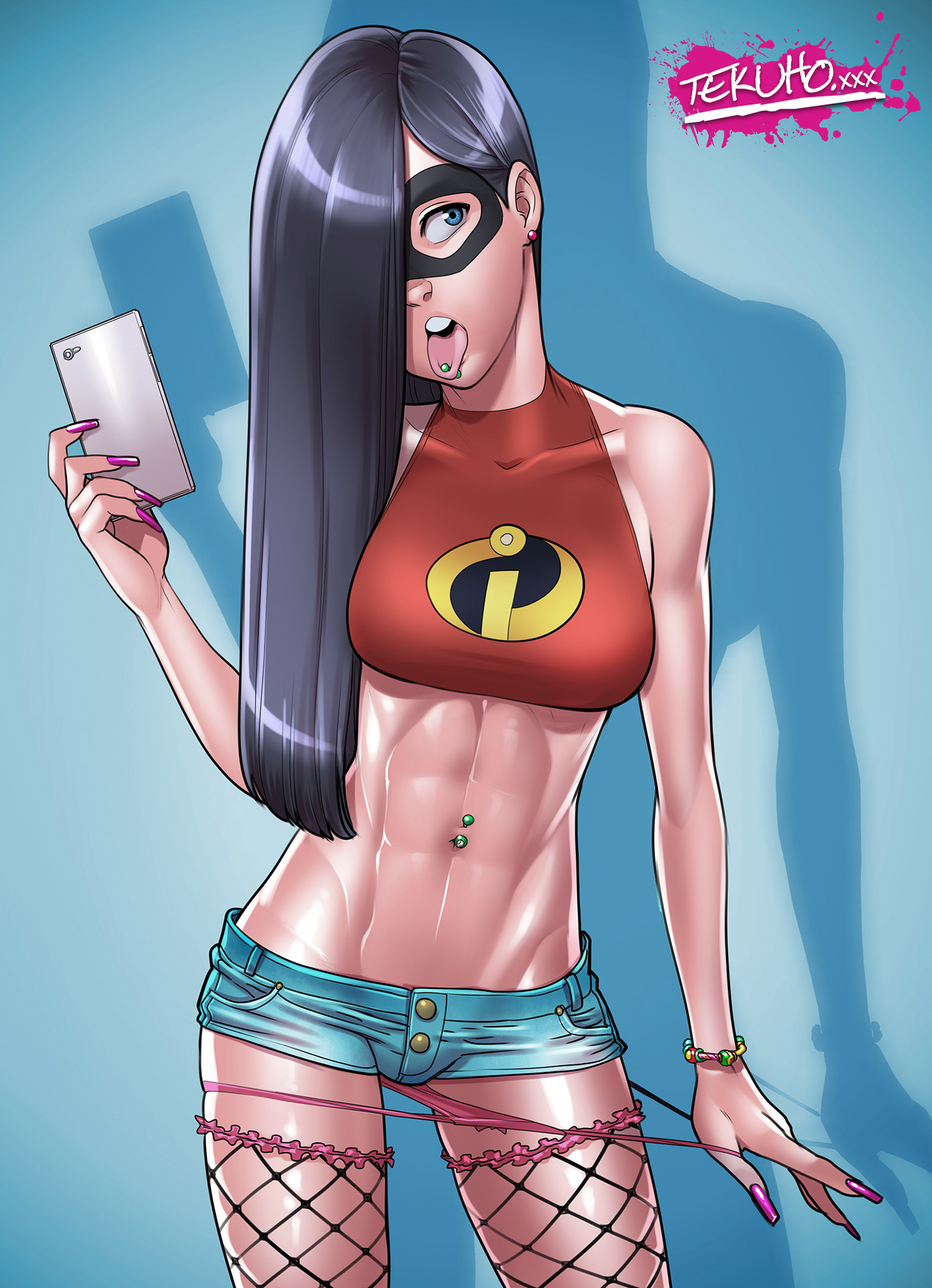 1girls, abs, black hair, blue eyes, bracelet, breasts, cellphone, crop top, dark hair, disney, ear piercing, earrings, female, fishnet stockings, fishnets, hair over one eye, highres, hourglass figure, jewelry, long nails, nail polish, navel piercing, panties, panty pull, pixar, short shorts, shorts, smartphone, solo, straight hair, teenager, tekuho, the incredibles, thighhighs, tongue piercing, very long hair, violet parr