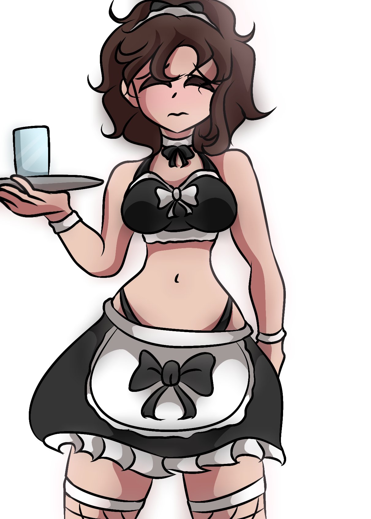 1girls 2d belly brown_hair closed_eyes female female_only fishnets frisk glass holding_object hourglass_figure human human_female human_only large_breasts last_u17 legwear light-skinned_female light_skin maid maid_uniform medium_hair navel nervous simple_background slim_waist solo thighs toby_fox tray undertale undertale_(series) uniform wavy_hair wide_hips