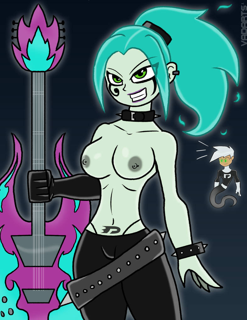 bare_breasts blue_hair breasts butch_hartman_(copyright) danny_phantom ember_mclain evil_grin messy_hair rockstar topless vadarts