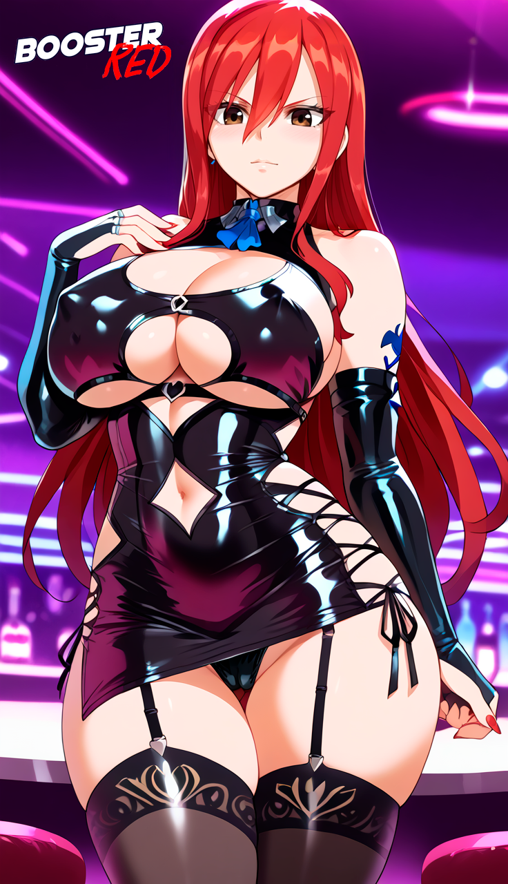 adjusting_panties ai_generated bare_shoulder bodycon boosterred99 bridal_gauntlets brown_eyes cameltoe cleavage clothing_cutout covered_navel covered_nipples cutout dress erza_scarlet fairy_tail female female_only large_breasts latex_panties long_hair post-timeskip red_hair ring seductive_smile shiny_clothes side-tie_panties side_locks sideboob skirt solo underboob wavy_hair