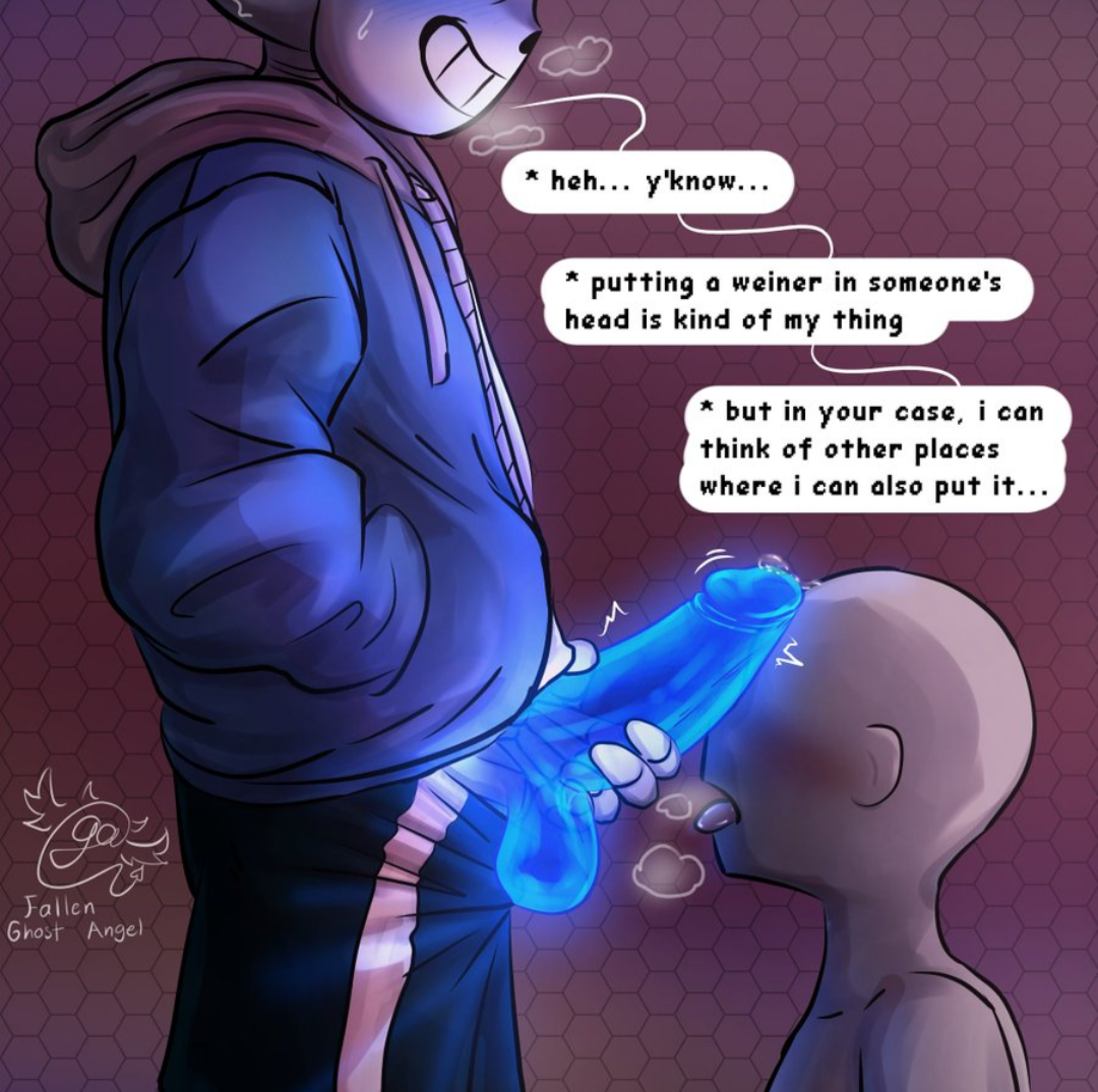 blush, dialogue, ectopenis, fallen ghost angel (artist), holding penis, male, penis, penis on face, sans, undertale