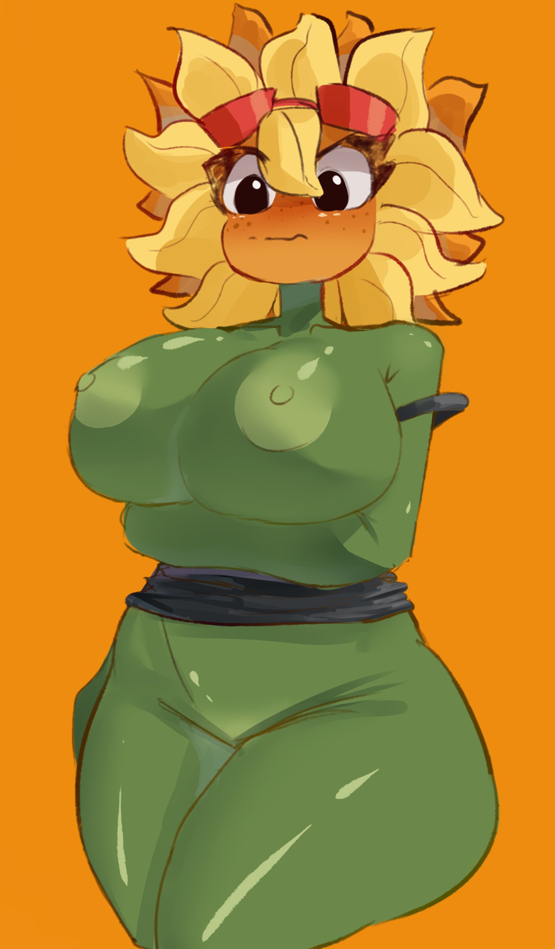 breasts, female, flora fauna, plant, plant girl, plantie, plants vs zombies, plants vs zombies: heroes, solar flare (pvz), sunflower (pvz), tits out