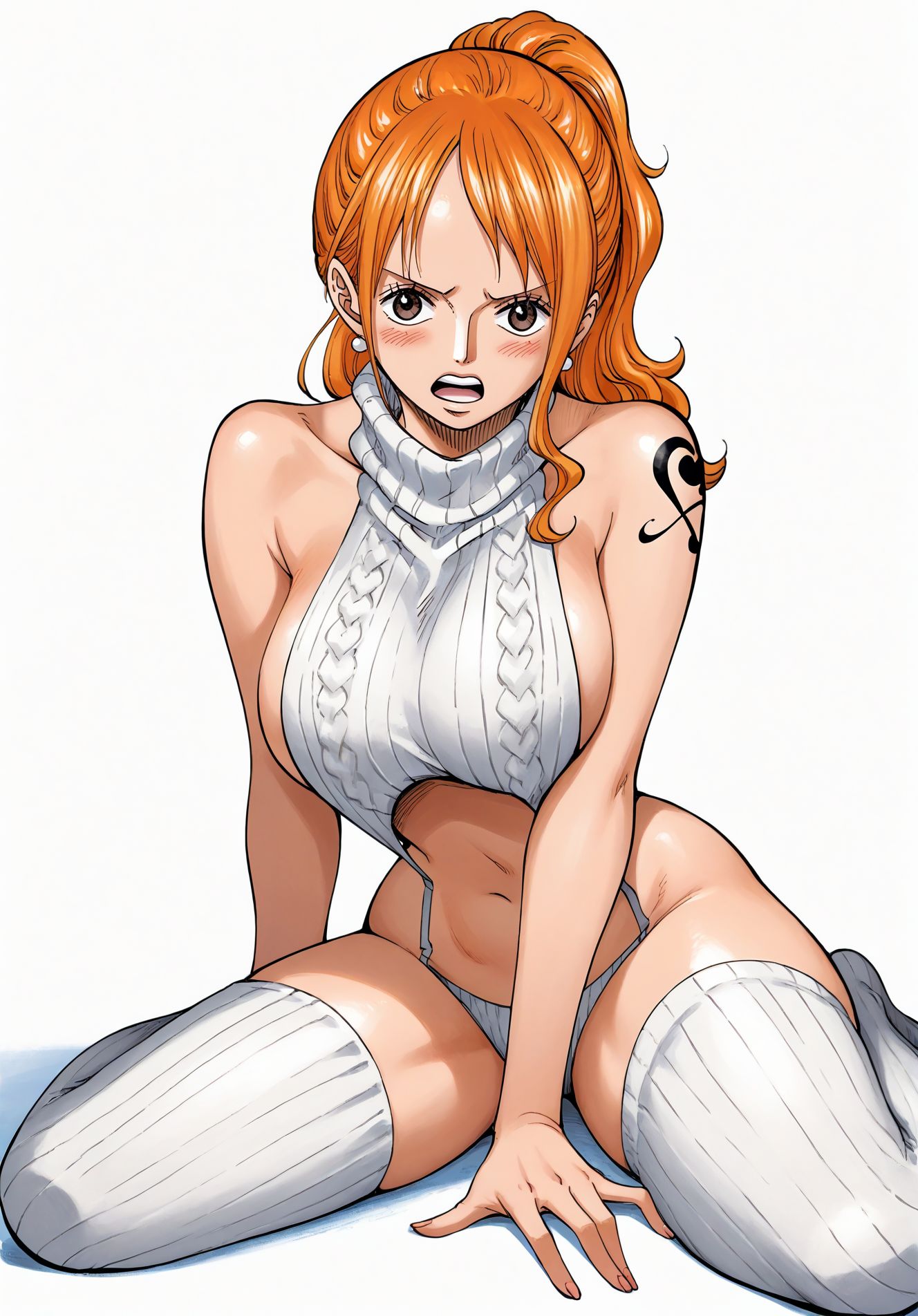 ai_generated alluring almost_naked almost_nude big_breasts blush breasts brown_eyes earring earrings female female_only legs_apart long_hair looking_at_viewer nami nami_(one_piece) one_piece open_mouth orange_hair ponytail seducing seduction seductive seductive_body seductive_eyes seductive_gaze seductive_look seductive_mouth seductive_pose seductive_smile shiny_hair shiny_skin spread_legs tattoo tattoo_on_arm tattooed_arm thick_thighs virgin_killer_sweater white_clothes white_legwear white_socks yashin