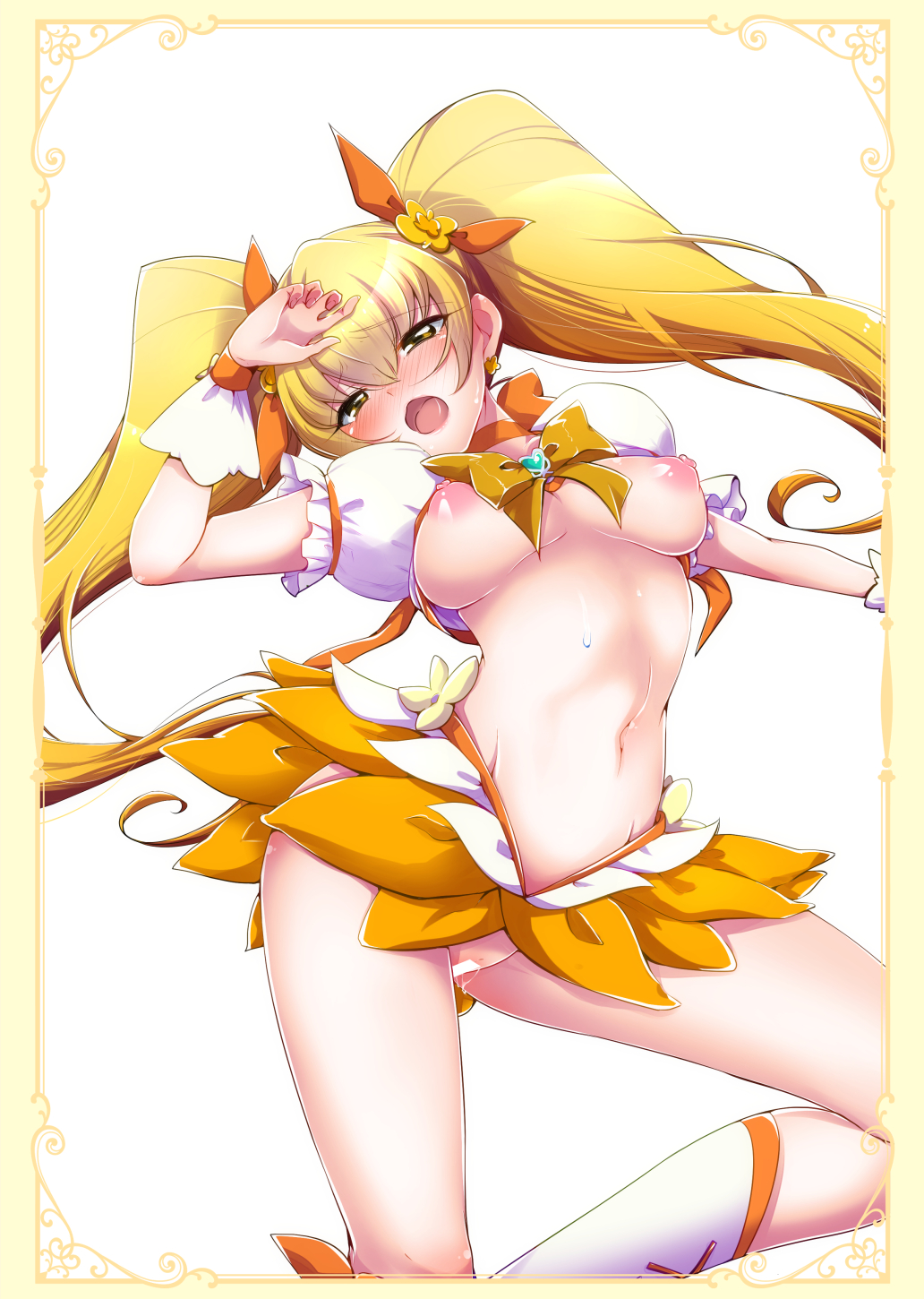 blonde_hair blush bow bowtie breasts censored choker clothing cure_sunshine eyebrows_visible_through_hair female hair_ribbon heart heartcatch_precure! highres long_hair looking_at_viewer magical_girl medium_breasts myoudouin_itsuki navel nipples no_panties noyuki1204 open_mouth orange_choker orange_ribbon orange_skirt precure pretty_cure puffy_short_sleeves puffy_sleeves pussy pussy_juice ribbon saliva short_sleeves skirt solo sweat twintails white_background white_footwear wrist_cuffs yellow_eyes