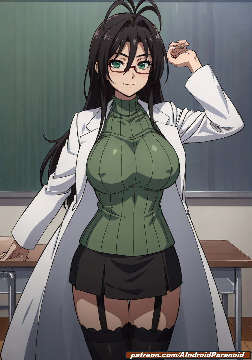 ai_generated aindroidparanoid big_breasts black_hair boobs breasts glasses green_eyes green_sweater hasegawa_chisato huge_breasts large_breasts long_hair lying narrow_waist nipples nurse panties school shinmai_maou_no_testament slim_waist stable_diffusion stockings taller_girl tits_out topless wide_hips